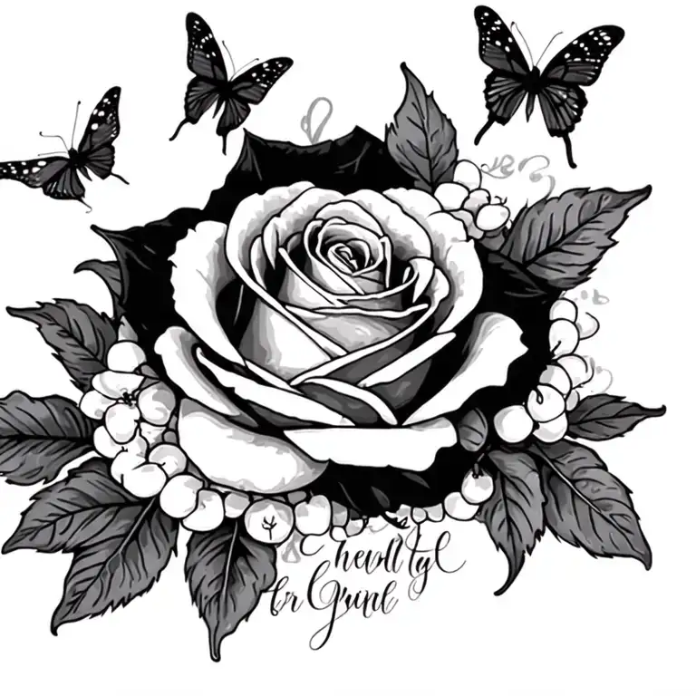 fading rose within cursive writing and butterflies and lei wrapped around tattoo design idea