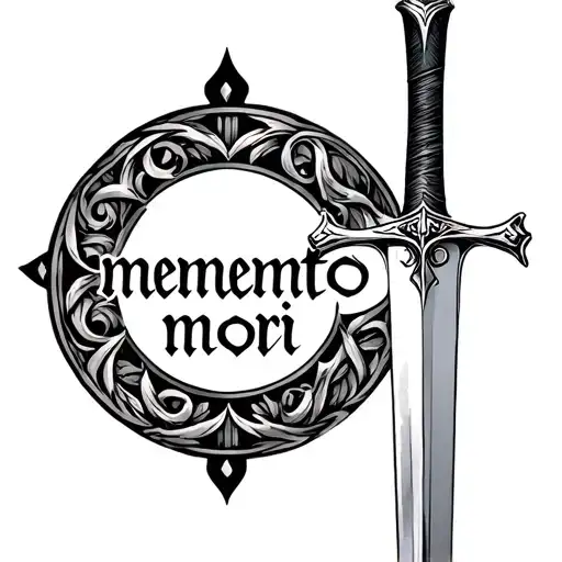 Templar sword alone and memento mori text tattoo design idea