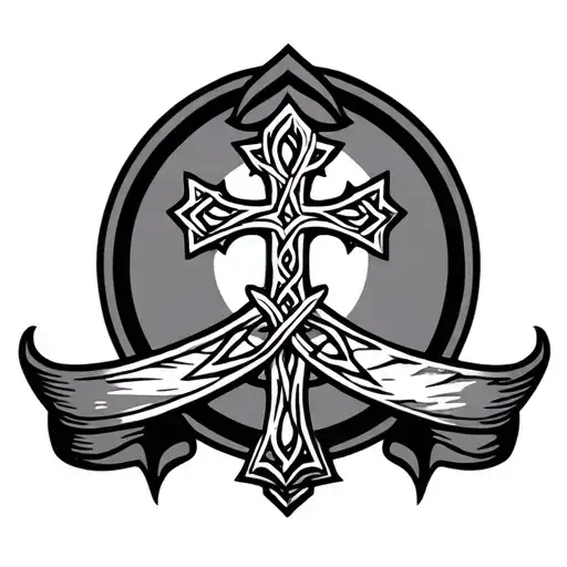 celtic cross wrapped banner ribbon across tattoo design idea