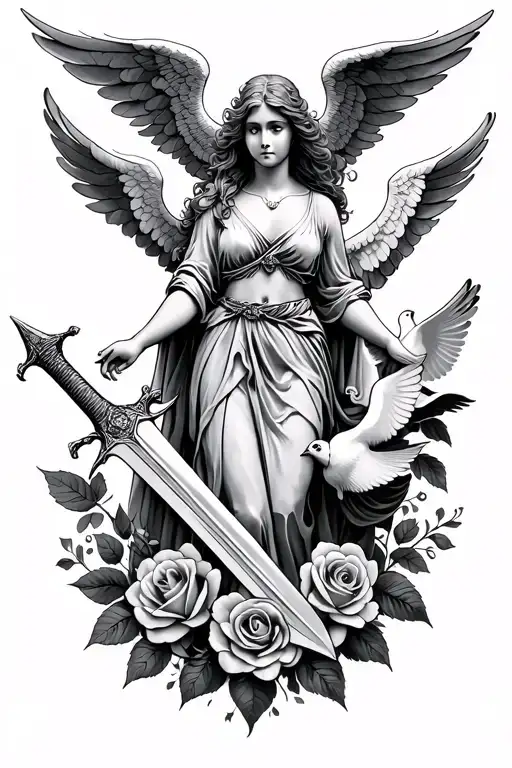 angel with sword and roses and doves  tattoo design idea
