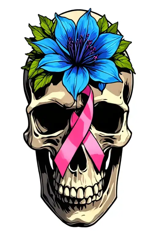 Colorado Blue Columbine flower and skull with breast cancer ribbon  tattoo design idea