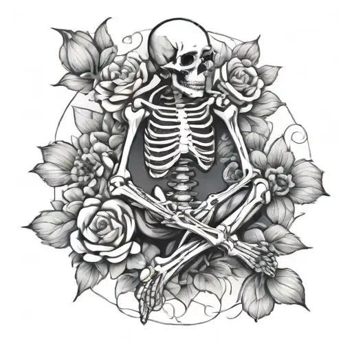 skeleton sit cross-legged meditation pose surrounded by blooming flowers tattoo design idea