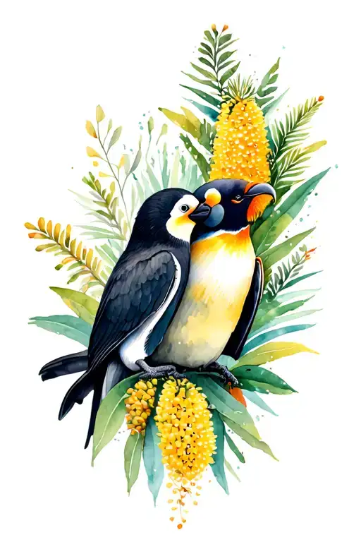 Native Australian birds including a penguin and a black cockatoo and native Australian plants; like wattle and banksia tattoo design idea