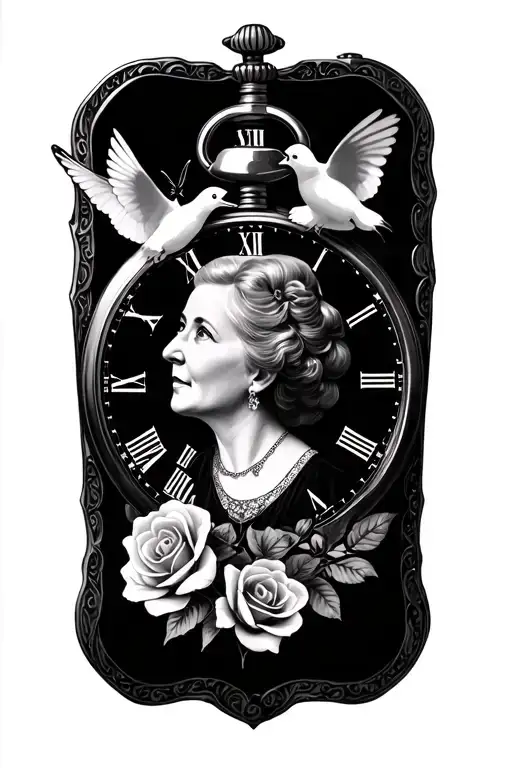 Black & grey memorial tattoo of my grandmother’s portrait in a pocket watch (18:30) with roses, doves, butterflies  tattoo design idea