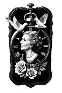 Black & grey memorial tattoo of my grandmother’s portrait in a pocket watch (18:30) with roses, doves, butterflies  tattoo design idea