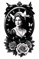 Black & grey memorial tattoo of my grandmother’s portrait in a pocket watch (18:30) with roses, doves, butterflies  tattoo design idea