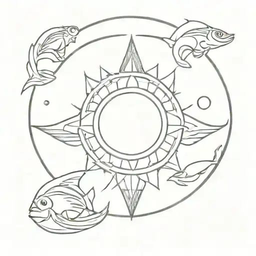 Circle mountain sun ocean and bouddhism golden fish tattoo design idea