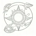 Circle mountain sun ocean and bouddhism golden fish tattoo design idea