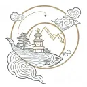 Circle mountain sun ocean and bouddhism golden fish tattoo design idea