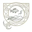 Circle mountain sun ocean and bouddhism golden fish tattoo design idea