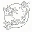 Circle mountain sun ocean and bouddhism golden fish tattoo design idea