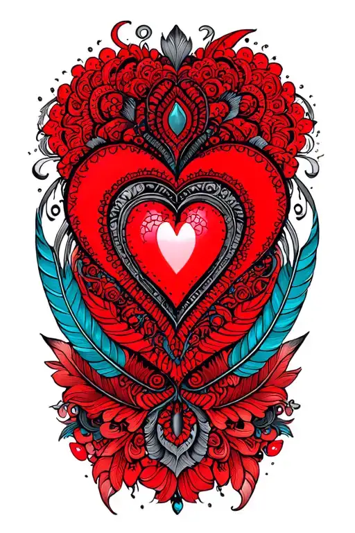intricate mandala design incorporating elements heart and feathers tattoo design idea