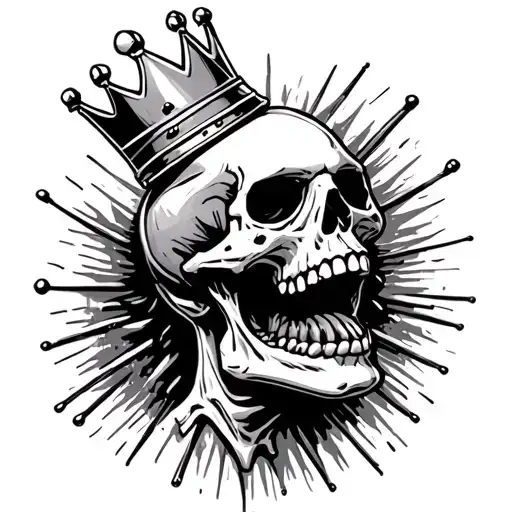 A wild, party-mode skeleton with a tilted crown on its skull, mouth wide open like it’s laughing or yelling in celebrati tattoo design idea
