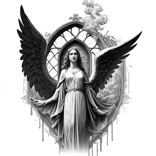 smoke and Gothic Window behind angel  tattoo design idea