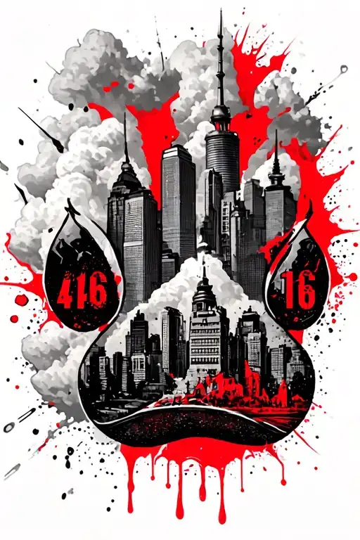 tattoo design of top of hand dog paw with toronto skyline on wrist with tower going up arm with 416 hidden in clouds tattoo design idea