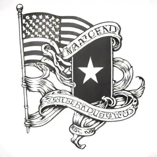 A patriotic sleeve tattoo featuring the American flag waving in the wind, with an intricate blackwork design of the second amendment text intertwined with stars and stripes tattoo design idea