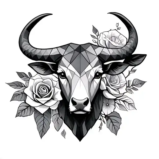 Create me a forearm tattoo that includes a geometric style taurus head, Yorkshire rose, Staffordshire knot, flowers from tattoo design idea