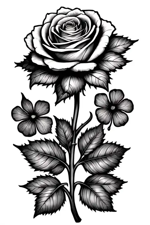 dainty Tudor rose wismall thistle & clover as leaves. lines should look like stitching. fine line with minimal shading.  tattoo design idea