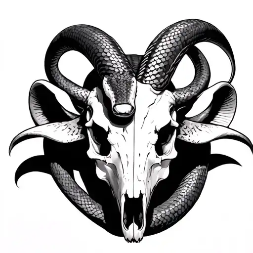 snake crawling through goat skull tattoo design idea