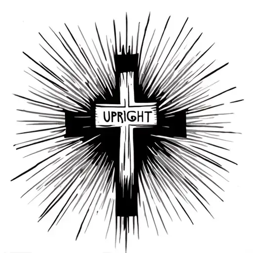 The word "UPRIGHT" with a cross on the end, sunbeams around the cross tattoo design idea