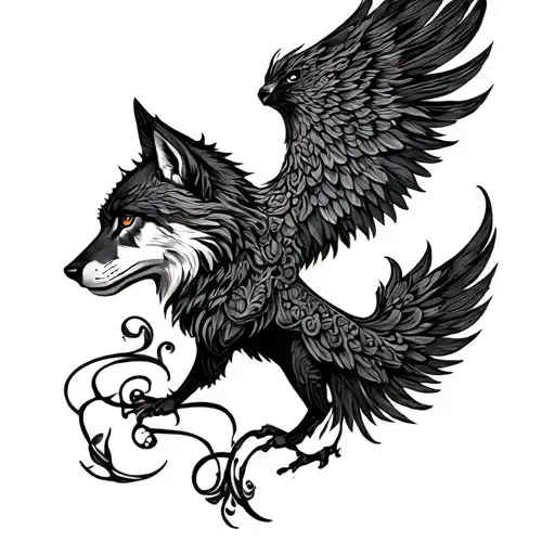 phoenix and wolf facing away tattoo design idea