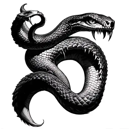 A sketch of a tattoo on the arm, snake, obsession, demonism, sigil, shadow, abyss, black and white realism, chaos, wood, fangs, eyes tattoo design idea