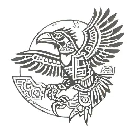 Aztec with huelga bird flying tattoo design idea