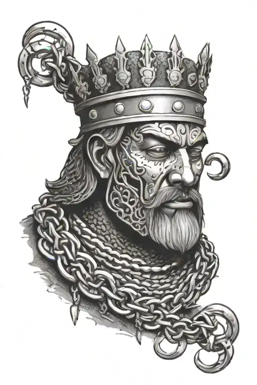 king in chain mail, with a sad face tattoo design idea