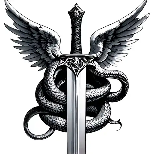 sword with snake coiling around it and angel wings at the hilt tattoo design idea