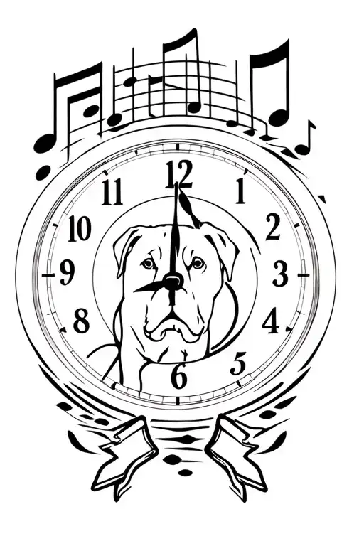 clock face surrounded with musicnotes. ambulance car from the Netherlands. with a Labrador dog tattoo design idea