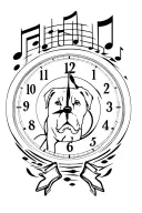 clock face surrounded with musicnotes. ambulance car from the Netherlands. with a Labrador dog tattoo design idea