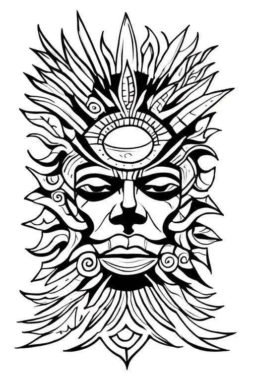 Draw me a Tahitian and Marquisian tattoo on the shoulder-dos. Contents: volcano, tiki, ocean, sun. Rectangle form o tattoo design idea