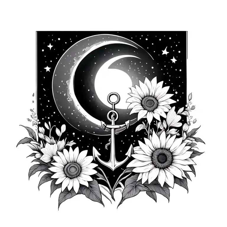 fine line crescent moon with aster, gladiolus, sunflower slightly below with dainty anchor under tattoo design idea