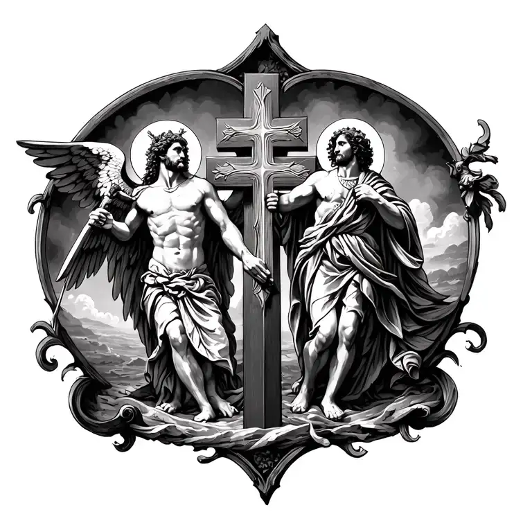 St. Michael and St. Florian cross tattoo design idea