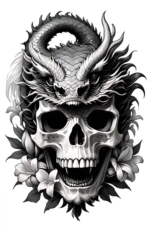 a Chinese dragon wrapped around a skull surrounded by lillies and hyacinth flowers tattoo design idea