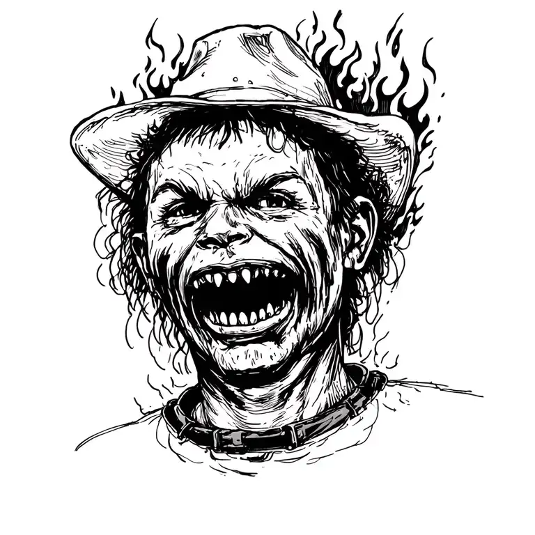 honky redneck with a few teeth stretching down inbred the pickup is on fire wtf drawn avant garde crude and strange b&w tattoo design idea