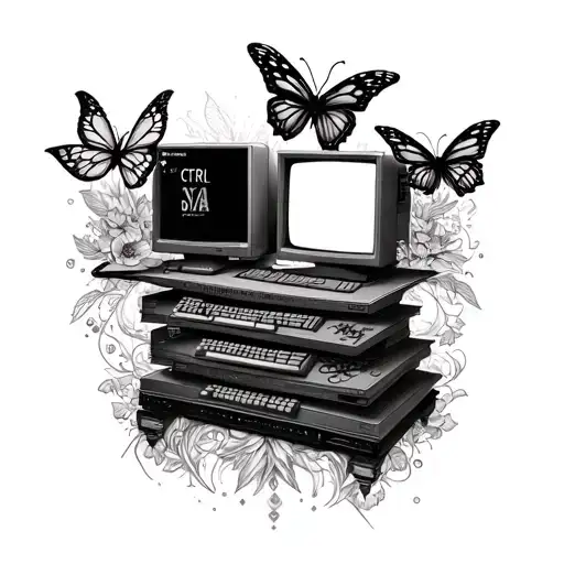 Sza album CTRL inspired tattoo featuring stacked computers with butterfly and ethereal elements  tattoo design idea