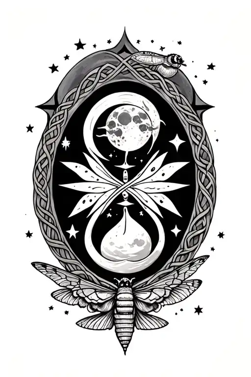 hour glass moon sun stars inside snake around top and bottom and a Celtic knot and moth near it tattoo design idea