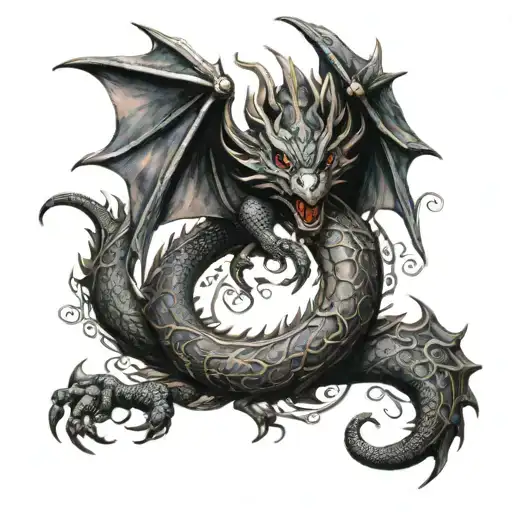 medieval dragon surrounded by tribal patterns tattoo design idea