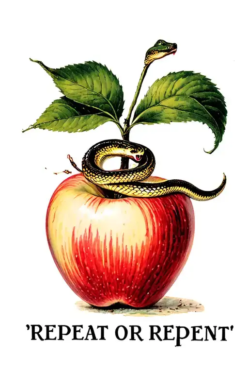 "repeat or repent" snake biting into an apple tattoo design idea