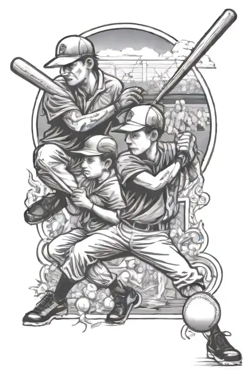 father coaching son in baseball tattoo design idea