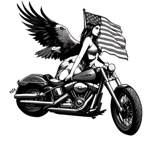 American flag flying eagle hot girl sitting on a Harley Davidson v-rod motorcycle tattoo design idea
