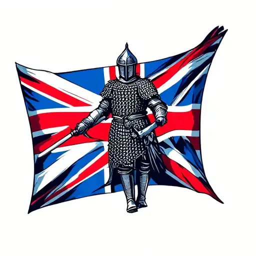 knight in chainmail flying English flag tattoo design idea