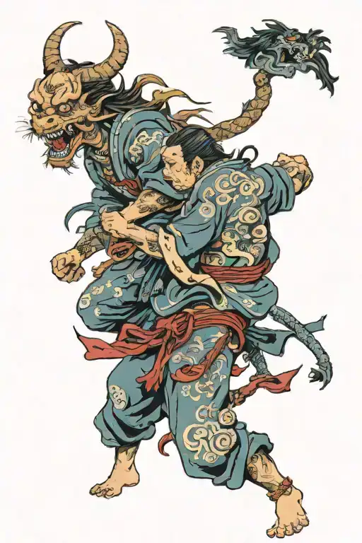 duality of man fighting demons tattoo design idea