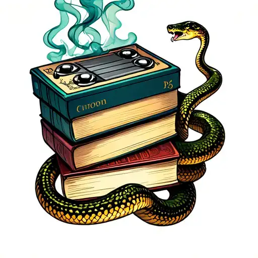 Battery of 4 a5 pounds with a snake that surrounds the books and smoke around tattoo design idea