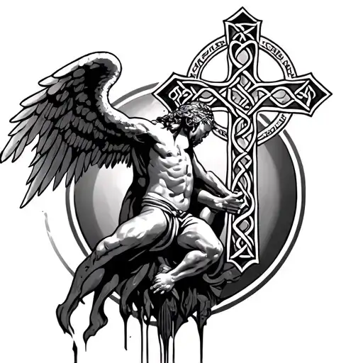 Celtic cross with an angel under it stepping on the devil throat tattoo design idea