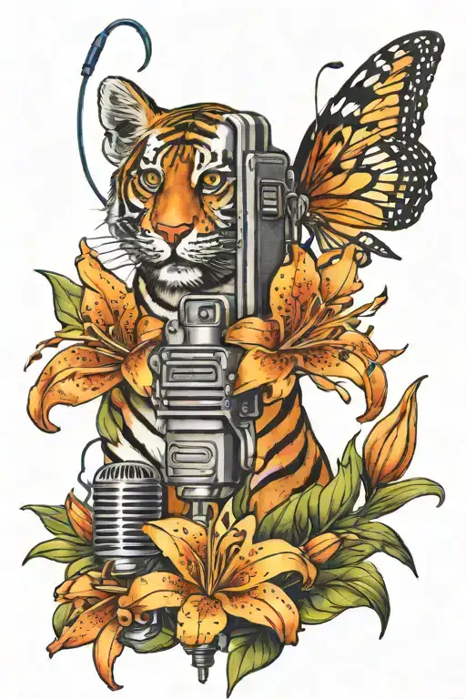 tiger lily and microphone surrounded tattoo design idea