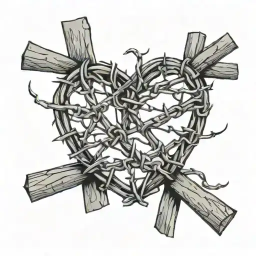 barbed wire fence. heart made of barbed wire. sea in background tattoo design idea