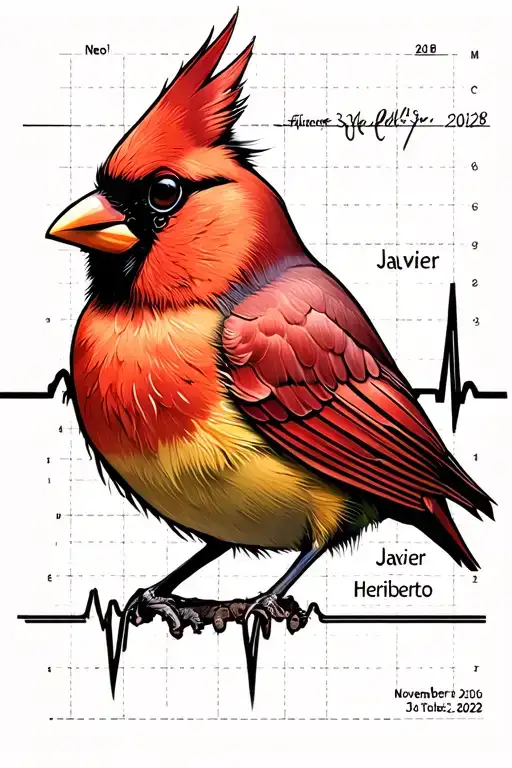 Realistic cardinal bird with an EKG  going to flatline With July 2018 and November 3rd 2022 Names Javier and Heriberto.  tattoo design idea
