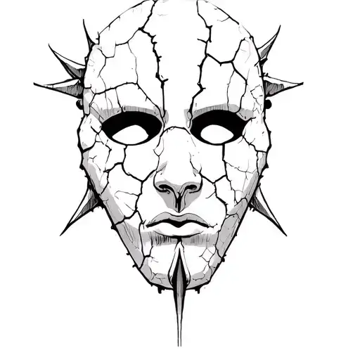 sketch of a cracked, ancient-looking partial face mask. weathered stone or clay.The expression is solemn and mysterious tattoo design idea
